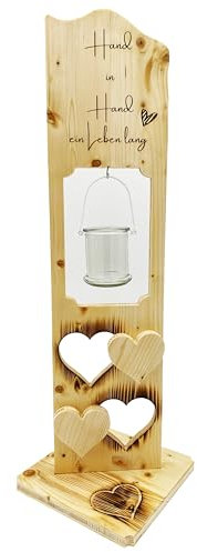 Holzaufsteller Hochzeitsgeschenk personalisiert mit Namen Holzstele mit Laterne Hand in Hand ein Leben lang
