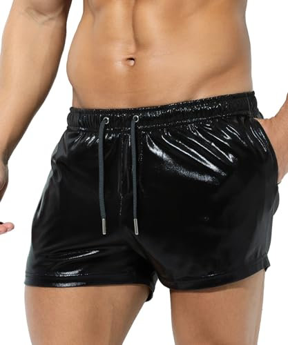 Casey Kevin Metall Shorts Herren Glänzende Kurze Hose Party Einseitige See-Through-Effekt Shorts Bar Pailletten Boxershorts, L