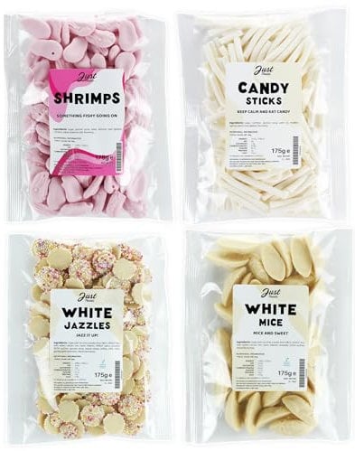 Just Treats Sweet Quartet - White Mice, White Candy Sticks, Candy Foam Shrimps, White Choc Snowies (4 x 175g Bags) - 11,29,30,31