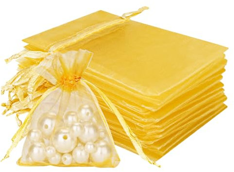 JijAcraft Bolsas de Organza Pequeñas Bolsas de Organza Doradas para Bodas 7 * 9 CM, Paquete de 50 con cordón, Bolsas de joyería para Regalo de Dulces, Bolsas de Regalo para Bodas