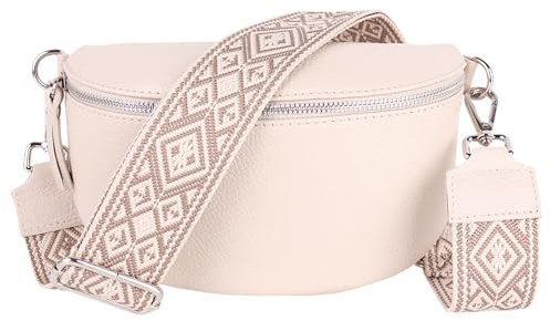 MIRROSI® Bauchtasche Damen, Echtleder, Made in Italy, Umhängetasche, Brusttasche, Crossbody Bag (1 Tasche & 2 Gurte) (Beige (KARO Beige Taupe), Kleine Tasche (22x13x6cm))