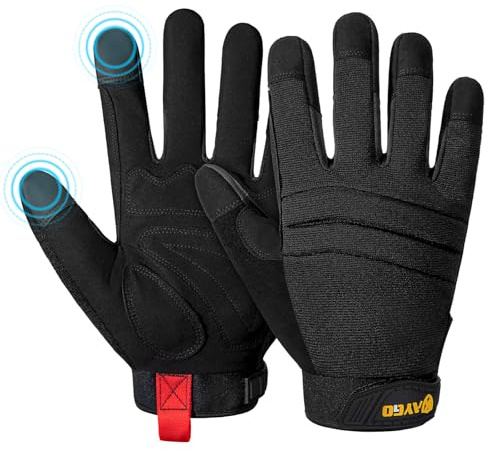 KAYGO Mechanische Arbeitshandschuhe für Herren, Abriebfeste Robuste Mechanikerhandschuhe mit Touchscreen Kunstleder Handflächenschutz, für DIY Baustelle Gartenarbeit (Voll Schwarz, XL, Gr 10)