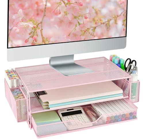 AUPSEN Computer-Monitor-Ständer, 2-stöckig, Schreibtisch-Organizer und Zubehör, Büro-Schreibtisch-Zubehör-Organizer mit Schubladen und 2 Stifthaltern für Bürobedarf (Rosa)