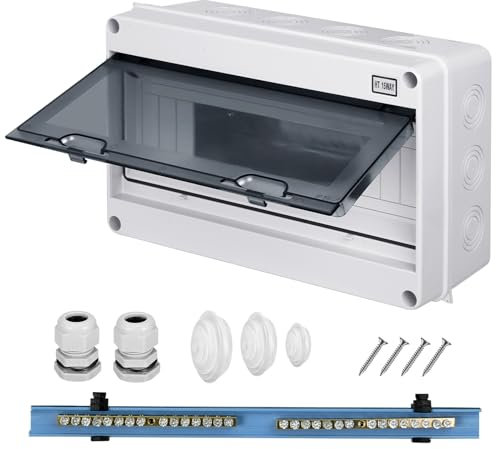 CHENGPI Coffret Electrique Etanche, Boitier Etanche Electrique Exterieur avec Barres En Cuivre, Boitier Electrique IP65 pour Maison/Bureau, Tableau Electrique 1 Rangée pour 15 Modules HT