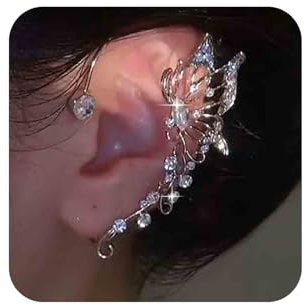 Aneneiceera Boho Kristall Schmetterling Manschette Wrap Ohrringe Silber Kristall Ohr Kletterer Ohrringe Lang Strass Crawler Manschette Cluster Cz Knorpel Clip Auf Schmuck Für Frauen Mädchen (links)