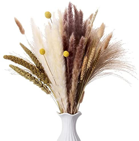 Berichw 75 Stück Serrie Decor getrocknetes Pampasgras, 17 Rutenschwänze und Kaninchenschwänze und Weizenschalen für böhmische Hochzeit