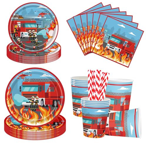 Aitsite 100 pcs Vaisselles Jetables de Fête Camion de Pompiers, Ensemble de Fête d'anniversaire pour Enfants, Assiettes, Gobelets, Serviettes et Pailles - pour 20 Invités