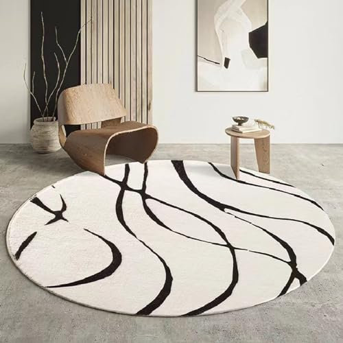 Freyamy Teppich Rund 100cm Weiß Schwarz Streifen Linie Teppiche Modern Designer für Wohnzimmer Outdoor Teppich Rund Dekorative Schlafzimmer Kurzer Plüsch Terrassen Runder Haustierteppich