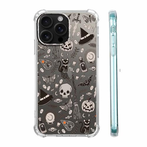 Vesidurt Black Halloween Clear for iPhone 16 Pro Max Case,Pumpkin Skull Bat Pattern,Trendy Transparent Soft TPU Bumper Case for iPhone 16 Pro Max,6.9
