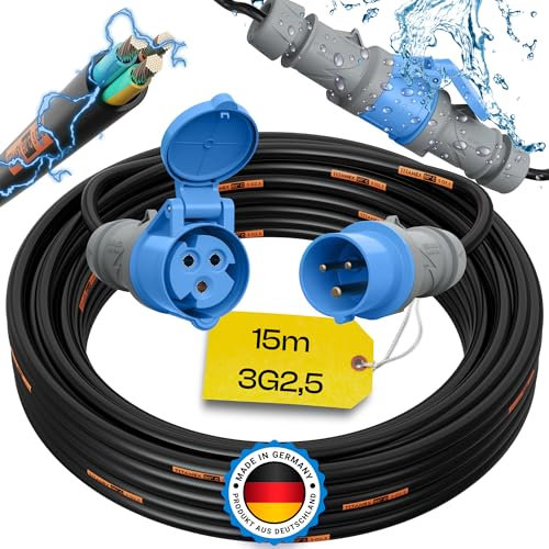 maxgo Camping Stromkabel 15m Wohnwagen Kabel Wohnmobil CEE Stecker TITANEX Verlängerungskabel 3 Polig 3x2,5 Campingkabel 15 Meter Strom Verlängerung H07RN-F Outdoor Mennekes