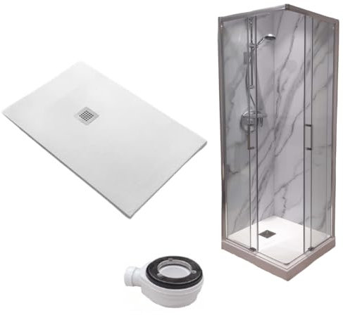 Plato de ducha 70 x 70 cm extra slim blanco + cabina ducha 70 x 70 cm alto 200 cm con apertura en ángulo