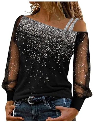 Damen Langarm Bluse Glitzer Shirt Rundhals Oberteile Glänzend Longshirt Casual T Shirt Elegante Festlich Glitzertop Longline Pailletten Bluse Tunika (M)