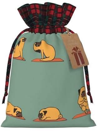 Yoga Mops Weihnachten Süßigkeiten Tüten mit Etiketten, wiederverwendbar, verwendet für Feiertagsverpackungen, Weihnachtsfeiern.