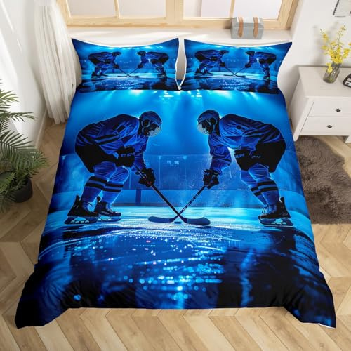 Homewish Jungen Hockey 135x200 Bettwäsche Set,Wintersport Bettbezug für Kinder Jungen Männer Schlafzimmer Dekor,Eishockey Spieler Bett Set Royal Blue Ball Games Bettbezug (Kein Tröster)