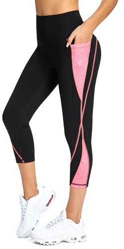 Flatik Pantalon de sport 3/4 pour femme - Opaque - Legging de sport 3/4 - Pantalon de fitness - Legging de course, noir/rose, S