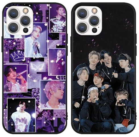 nurkorki 2 Stück Kpop Sänger Handyhülle für iPhone 15 Hülle 6,1,Jimin Jin V J-Hope JUNG KOOK SUGA RM Muster Design Cartoon Cover Schutzhülle für Mädchen,Fans,Schwarz Silikon Stoßfest Case,Cartoon