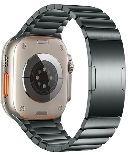 MaKTech Fascia in Titanio per Orologio, Cinturino in Metallo Leggero con Angoli Arrotondati e Fibbia Incorporata, per Apple Watch 11/10/9/8/7,Ultra 3/2/1,SE 3/2/1 [2025] (46mm/45mm/44/49mm, Grigio)