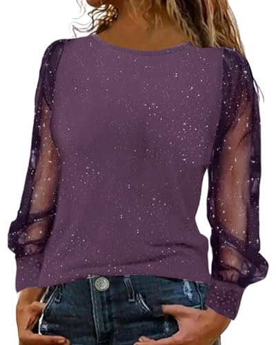 Camicette da donna eleganti e sexy, maglietta a maniche lunghe con paillette, top con paillette, maglietta elegante, perfetta per carnevale e club, Lilla, S