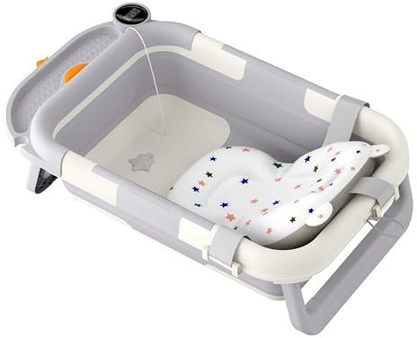 FIVMEN Bañera de bebé plegable bañera para bebés con soporte, termómetro y cojín de baño antideslizante portátil para recién nacidos, osos/pollitos