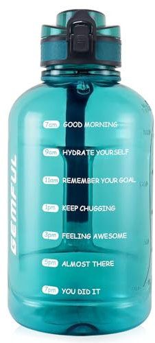 GEMFUL Big Water Bottle 2L with Straw, BPA Free - Leak Proof - Perfect for Fitness & Running Outdoors (Cyan)