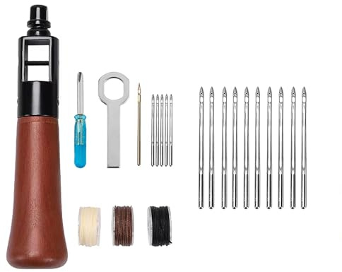 WUTA Leder Nähset, Ledernadel Handnähapparat, Leder Nähahle mit 10 Großen Titanbeschichteten Nadeln, Profinähahle Lederwerkzeug(0.55mm