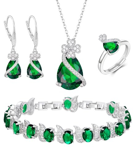 EVER FAITH 4 Stk Klee-Schmuck-Set Birne geformt Cubic Zirkonia Halskette Ohrringe Tennis Armband Ring-Sets formale Schmuck Geschenk für Damen