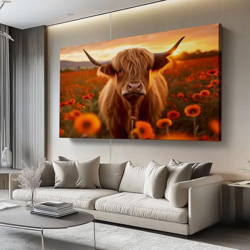 Bild auf Leinwand 150L x50B cm Schlafzimmer Home Deko Wohnung Tier, Kuh, pastoral Bild Wohnzimmer Fotoleinwand Wall Decor Kunstdruck Leinwand Poster Wandbilder, Braun Orange