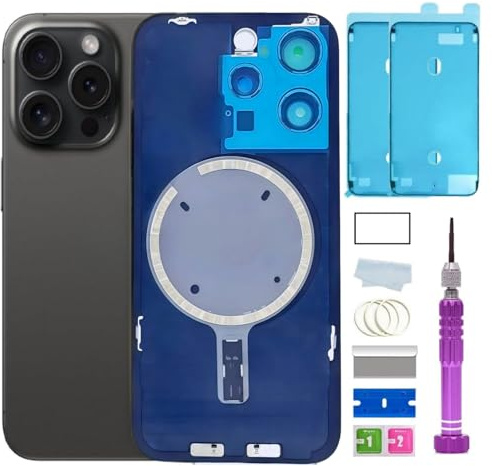 ZVB 15 Pro Back Glass Replacement for iPhone 15 Pro Back Glass (6.1 Inches) with Pre-Installed Plate + Camera Frame + Lens + Reparing Tools (Black Titanium)