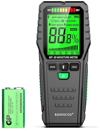 RDINSCOS Pinless Moisture Meter for Drywall, Wood & Masonry – Non-Invasive Digital Moisture Detector with 19mm Depth, Flashlight, LCD Display – Ideal for Leak Detection & Water Damage