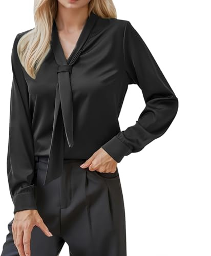 Generisch camicia cappotto donna camicette camicette donna elegante con papillon sul collo a maniche lunghe, camicia da lavoro, abbigliamento casual formale camicetta rosa antico, Nero , S