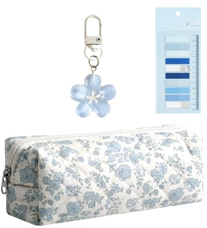 SSKHE 1 estuche para lápices de flores, 1 pegatina de índice y 1 pieza de llavero de flores, juego de lápices azul bebé, bonita bolsa de gran capacidad, bolsa portátil para estudiantes.