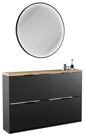 Planetmöbel 2 x Schuhschrank schmal | runder Spiegel mit Beleuchtung 80 cm, (3 Lichtstufen) Schuhkommode mit 2 Klappen Schuhregal mit 4 Ablagen, Garderobe Set, 60