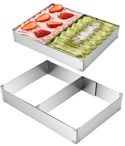 KOHAND 2 Pack Adjustable Cake Tins, Rectangular Baking Frame with Divider, Expandable Stainless Steel Cake Mold for Cakes, Pies, Mousses, Pizzas, 5 cm High(27-52 cm x 18-34 cm)