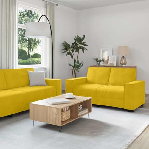 CKioict 2-TLG. Sofagarnitur mit Kissen Gelb Samt, Weiches Velours Polstermöbel für Wohnzimmer, Robustes Holz Metall Gestell, Bequeme Sitzgruppe mit Breiten Armlehnen, Vielseitiges