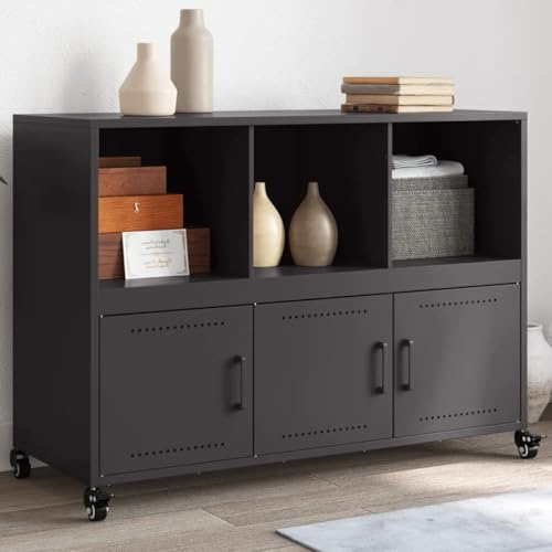 Owoxanthellate Sideboard Schwarz 100,5x39x72 cm Kaltgewalzter Stahl 3 Fächer 3 Türen auf Rollen Modernes Design Robust und Stilvoll für Wohnzimmer Schlafzimmer Flur