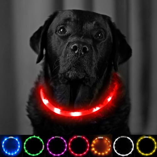 Light Up Dog Collar Red - Extra Bright LED Collar - USB Rechargeable - Cut to Fit (20cm to 70cm) with Static or Flashing Mode - Weatherproof, Easy Clean, High Visibility & Full Guarantee
