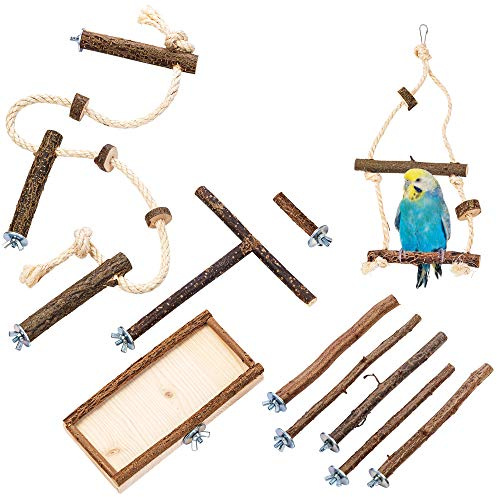 Vogelgaleria® 10 teiliges Set mit GRATIS EINZELSITZER, Natur Sitzstangen Vogelschaukel, Sitzbrett, Anflugstange und Sitzseil für Wellensittich, Nymphensittich | Zubehör Vogelkäfig Spielzeug