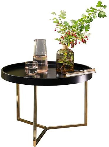 Wohnling Couchtisch JESI 58,5x42x58,5cm Schwarz/Gold Sofatisch Metall Rund, Designer Retro Wohnzimmertisch modern, Kleiner Loungetisch mit Metallgestell, Runder Tabletttisch mit Holz-Platte