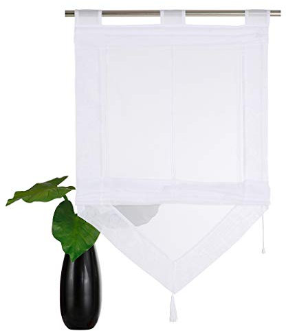 SIMPVALE 1 Stück Raffrollo Vorhang mit Quastendekoration, Höhenverstellbar Transparenter Voile Vorhänge, Modern Gardinen für Schlafzimmer Badezimmer Küche, Weiß, 80x140cm