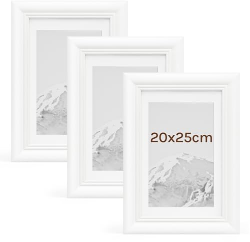 WOLTU Bilderrahmen 20x25cm 3er Set Fotorahmen Holzrahmen mit Passepartout, zum vertikalen oder horizontalen Aufhängen/Aufstellen, Posterrahmen Collage Wanddeko, Weiß