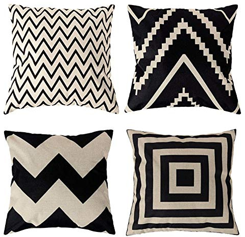 Wajade Black White Geometric Throw Pillow Cases 45 x 45 cm Pack of 4 Cotton Linen Pillow Covers Decorative Cushion Covers for Living Room Sofa Bedroom with Invisible Zipper