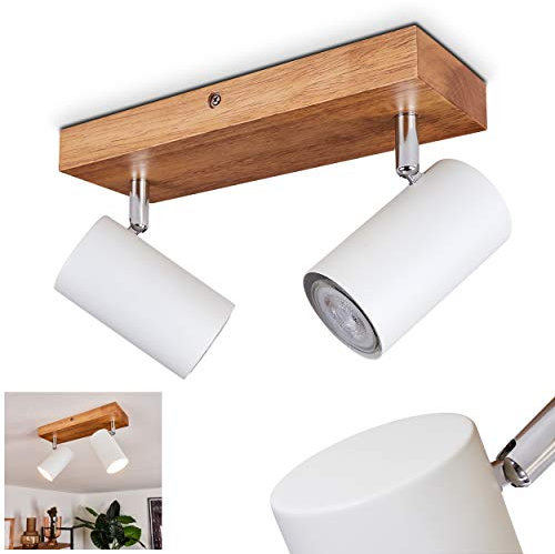 Deckenleuchte Zuoz, Deckenlampe aus Metall in weiß und Holz, Vintage/Retro Look Zimmerlampe, Leuchtenköpfe sind dreh- und schwenkbar, 2 x GU10,ohne Leuchtmittel