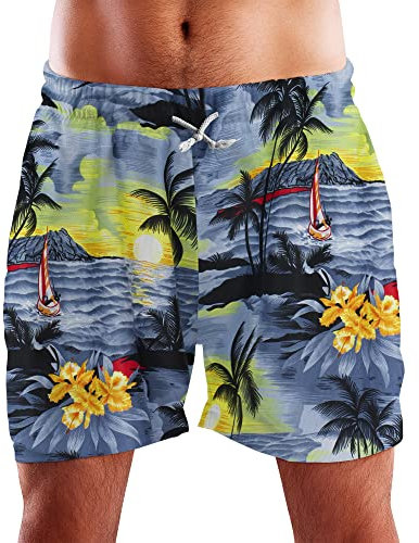 King Kameha Funky Hawaiian Board-Short de bain pour homme Doublure en maille Fermeture à cordon de serrage Style décontracté Mono-hibiscus, Short Surf Grey, L