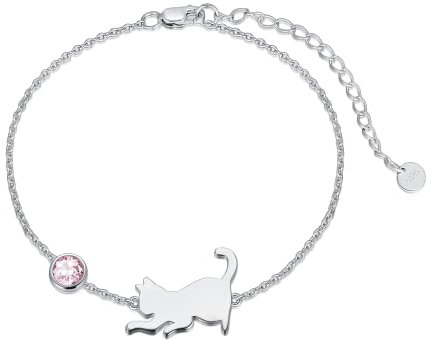 LONAGO Katze Armband 925 Sterling Silber Nette Katze mit Geburtsstein Armband Schmuck für Frauen (Oktober-Rosa)