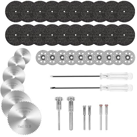 44PCS Cutting Discs for Dremel Rotary Tool, 10PCS Diamond Cutting Wheel, 6PCS HSS Circular Saw Blades, 20PCS Resin Cutting Discs, 6PCS Mandrels with 1/8 Inch Shank and 2 Screwdrivers for Wood Plastic