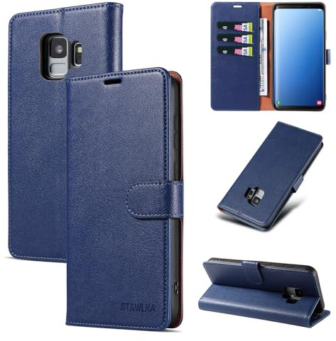 STAWLKA Schutzhülle für Samsung Galaxy S9, Premium-PU-Leder, Flip-Schutzhülle mit magnetischer Schnalle, Ständer, blockiert RFID, stoßfeste Schutzhülle für Samsung Galaxy S9 – Blau