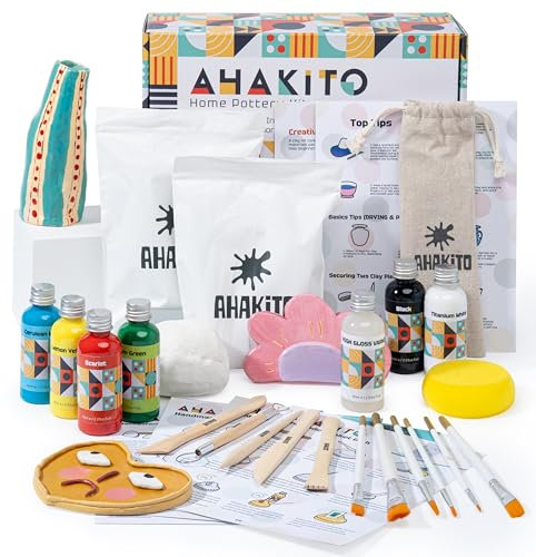 Ahakito arcilla secado al aire, para principiantes en casa, manualidades adultos incluye arcilla blanca, modelado, Pinturas acrílicas, Pinceles y una instrucción, Apto para principiantes