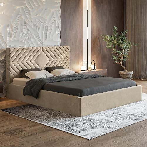 MOTIVENA Eva Polsterbett 160x200 Beige, Polsterbett 160x200 Samt, Polsterbett 160x200 mit Bettkasten, Polsterbett 160x200 mit Stauraum, mit Lattenrost, mit Kopfteil, ohne Matratze, Beige