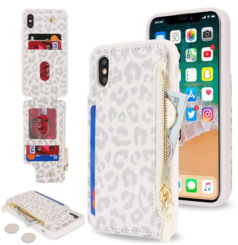 SailorTech for iPhone X Phone Case with Credit Card Holder for Men, iPhone XS Case with Credit Card Slots Wallet Zipper Case for Women - White Leopard