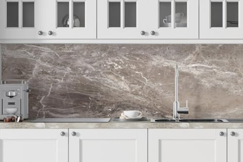 UNIK Nordic Küchenrückwand Folie aus Glaslaminat, BxH: 70x300cm, Küchenfolie selbstklebend mit Motiv: Brauner Marmor, Spritzschutz für die Küche, kratzfest, hitzeresistent und hygienisch